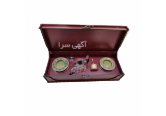 جعبه زعفران چوبی رنگ گردویی با هاون و قوری